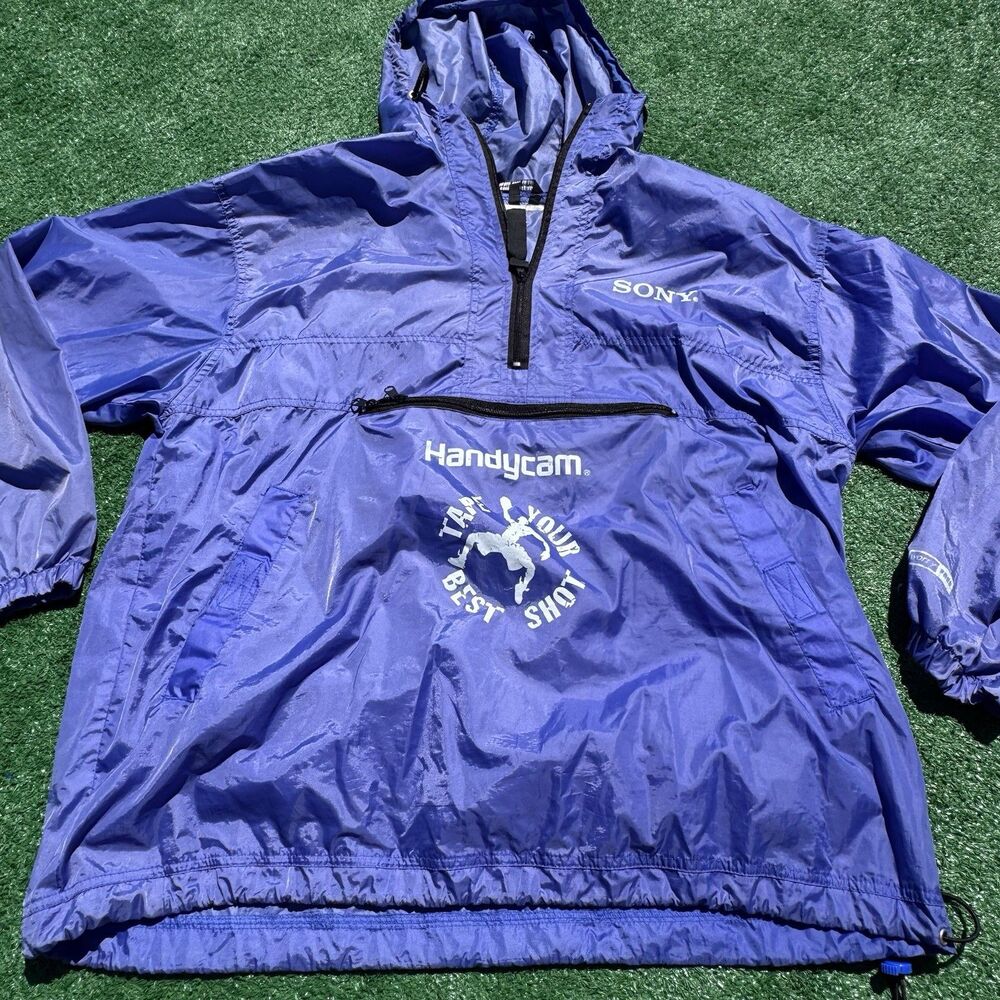 Vintage Sony Handycam Jacket XL Mens Blue Pullover Windbreaker 90s 1/4 Zip